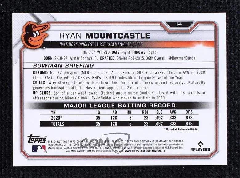 2021 Bowman Chrome Sapphire Edition /99 Ryan Mountcastle #64 Rookie RC - Image 2 of 2