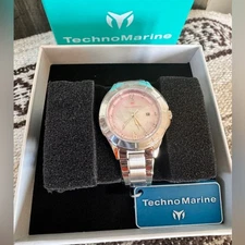 TechnoMarine Luna Tides Quartz Watch – Silver Tone Band, MOP Dial, 50m Water Res