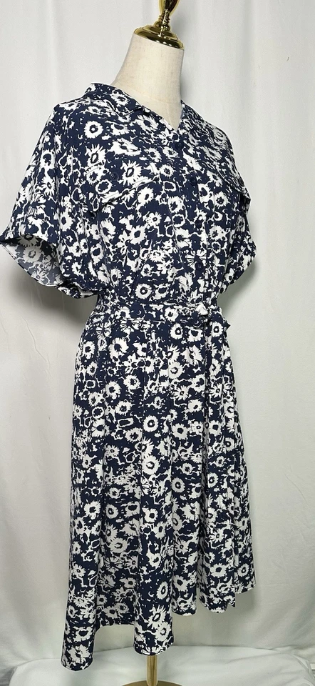 Vestido Camisa Lucky Brand Midi 3X Manga Corta Cinturón Bolsillos Botón Azul Blanco Foto 4 de 4