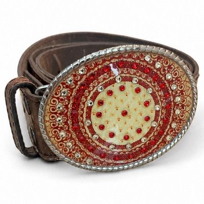 Vera Pelle Women s Wide Waist Belt Brown Textured Italian Red Rhinestone Buckle
