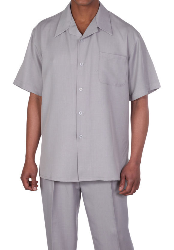 New Mens 2pc Walking Suit Short Sleeve Casual Shirt and Pants Set - M2975 LOlive