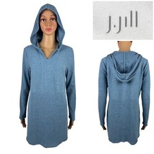 J Jill Womens Small Hoodie Sweater Blue Knit Cotton Blend Long Sleeve V Neck EUC