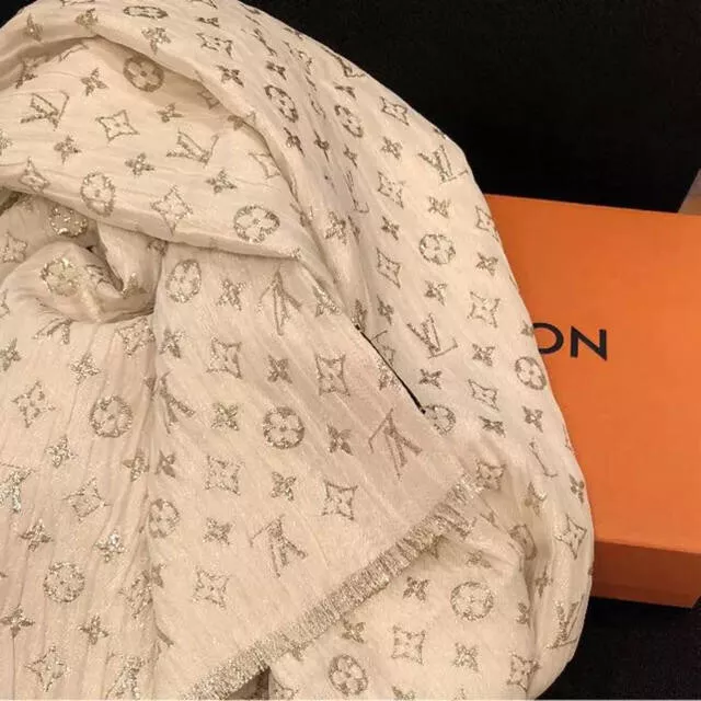 LOUIS VUITTON SILK Scarf White x Silver Monogram Embroidery Limited In Box