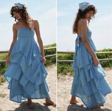 Free People Midi Dress Size XS Tiered Skirt Strapless Tube Top Blue Tie Back