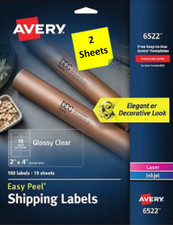  2 Sheets Avery 6522 Glossy Clear Shipping Labels 2 x 4 LASER/INKJET