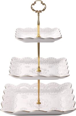 3 Tier Porcelain Cupcake Stand, Tiered Serving Cake Stand, Square White Gold Emb
