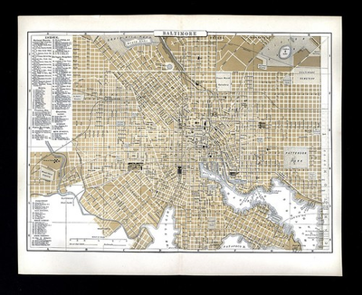 #ad 1896 Johnson Map Maryland Baltimore Plan City Hall Charles Street Ft McHenry MD $39.99