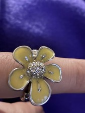 Yellow Flower Cocktail Ring with Rhinestone Center, Stretch Adjustable Band