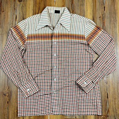 Mens Vtg 70s Gingham Stripe Checker Western Disco Hippie Button Down Shirt Large