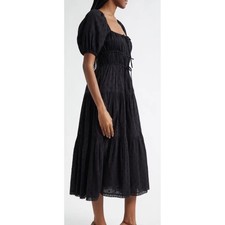 Ulla Johnson Palma Dress Noir Black Eyelet Midi Smocked Tiered SP250166 NEW