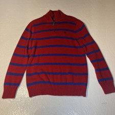 Boys Kids Polo Ralph Lauren Red Blue Striped 1/4 Zip Sweater Size XL 18-20
