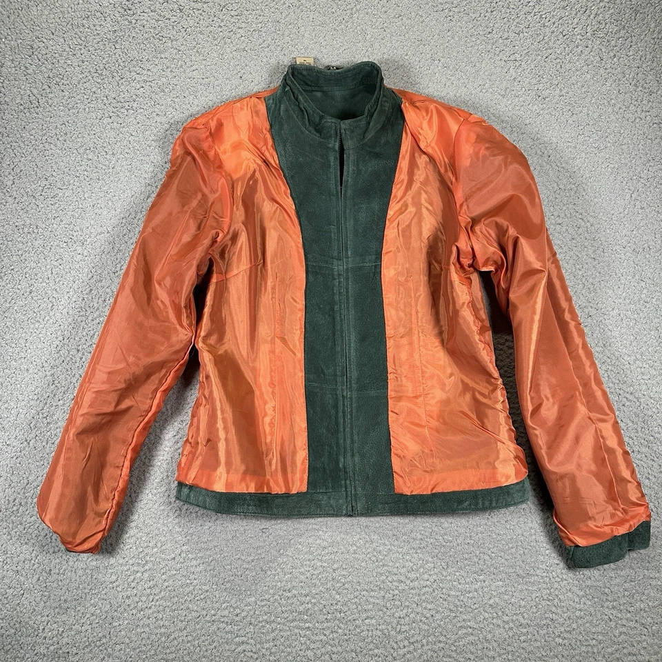 Chaqueta de cuero de gamuza tallada con volantes para mujer verde mediana cremallera frontal forro naranja usada en excelente estado Foto 4 de 4