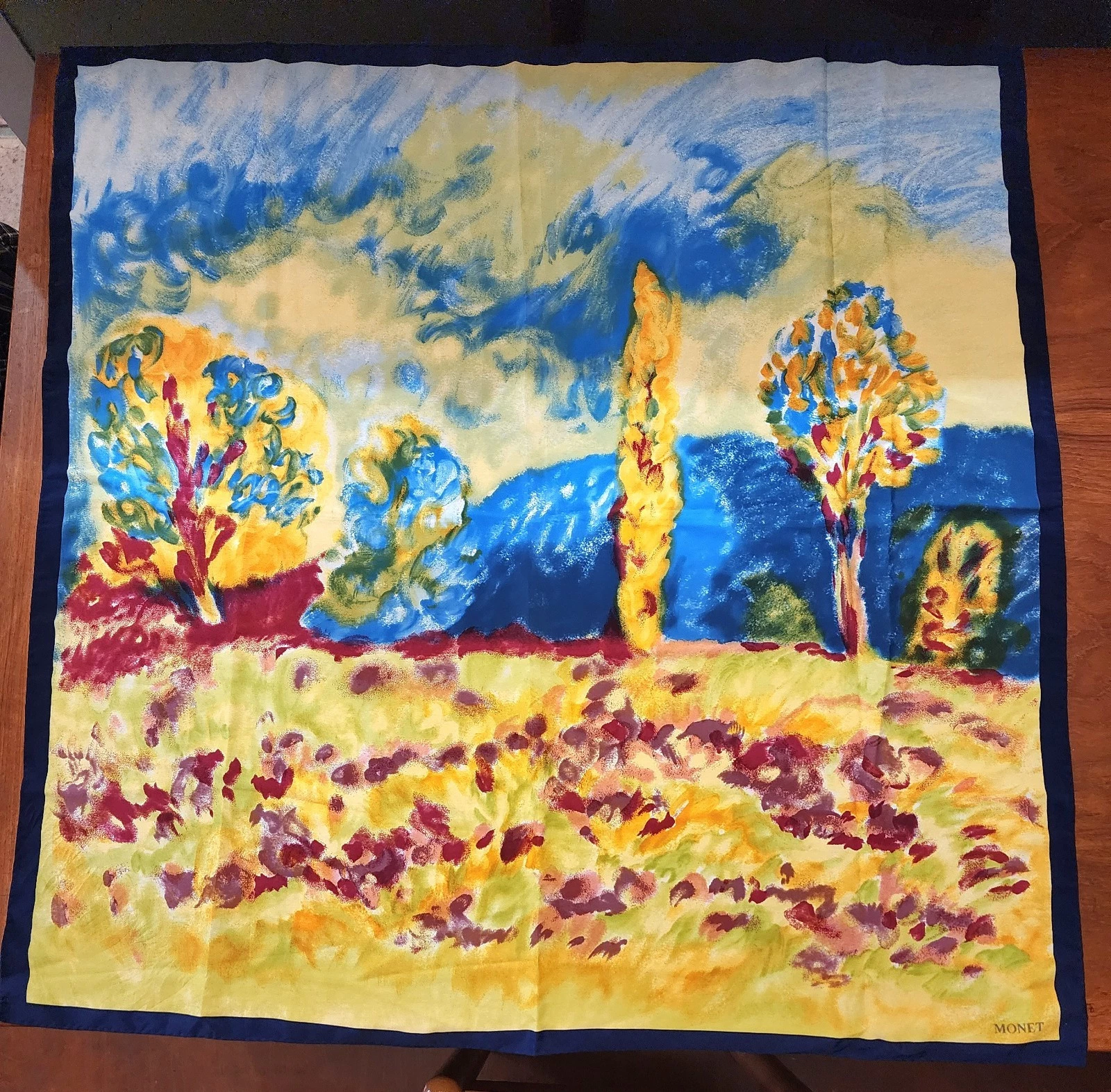 Claude Monet Wearable Art Scarf Yellow Blue Printed Artwork Landscape Trees 35"