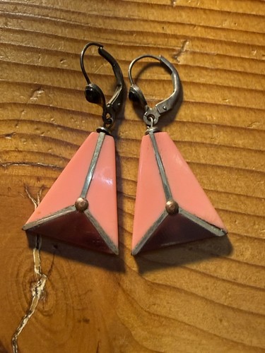 MCM Dutch Modernist Galalith Earrings Signed Art Deco Revival Artisan OOAK Pink