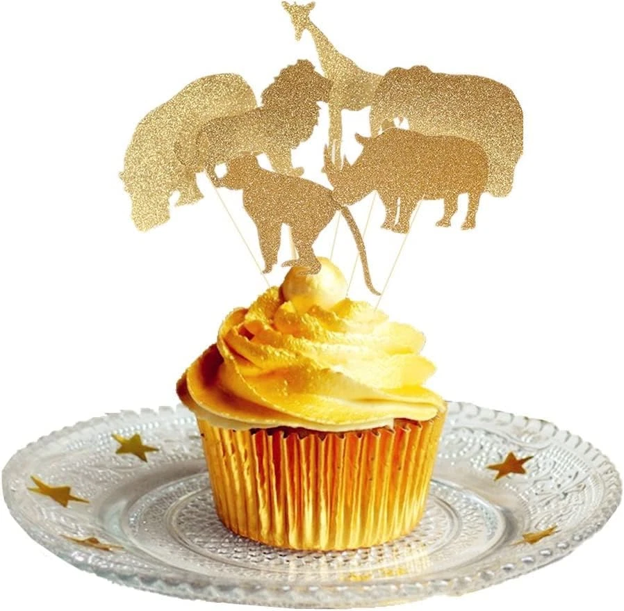 30 Piezas Oro Brillo Selva Safari Animal Cupcake Toppers Animales de la Selva Pastel Dec Foto 2 de 4