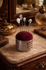 Antico Puntaspilli Pin Cushion Argento Inglese Fine 800 + Spilloni Da Cappello