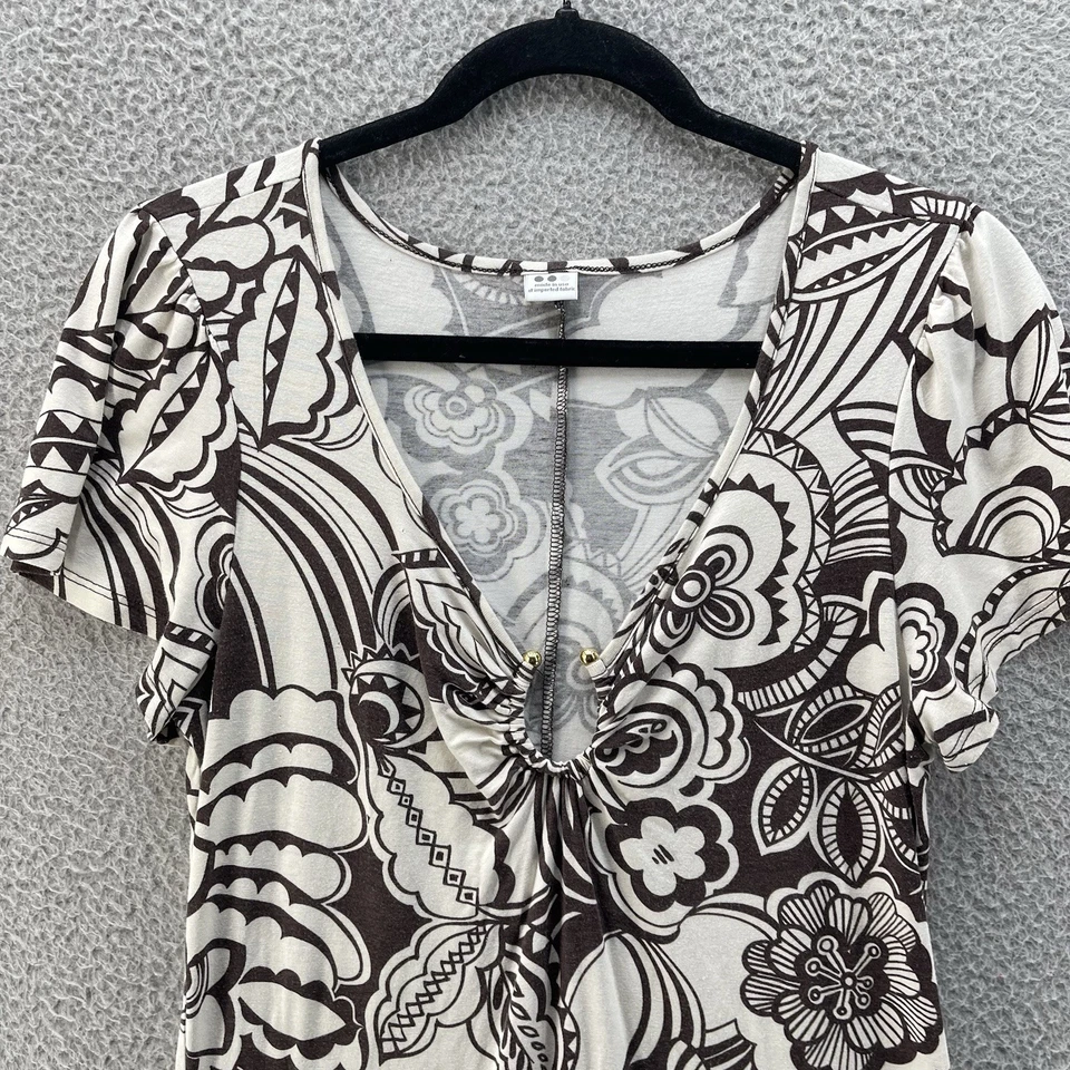 Vestido Three Dots Mujer Grande Blanco Marrón Floral Elastizado Profundo Cuello en V Comodidad * Foto 3 de 4