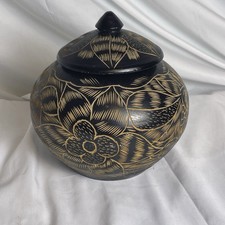 Large Detailed Hand Crafted Wood Carved Bowl Lid Leave Flower Folk Art Solid