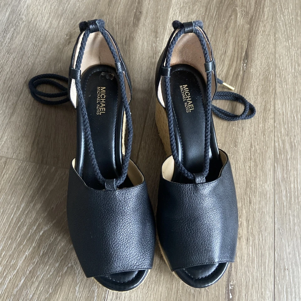 Michael Kors Alpargatas Sandalias Plataforma Talla 8 Cuero Negro Atado Foto 2 de 4