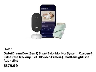 Owlet Dream Duo (Gen 3) Smart Baby Monitor System Tracking HD Camera via App