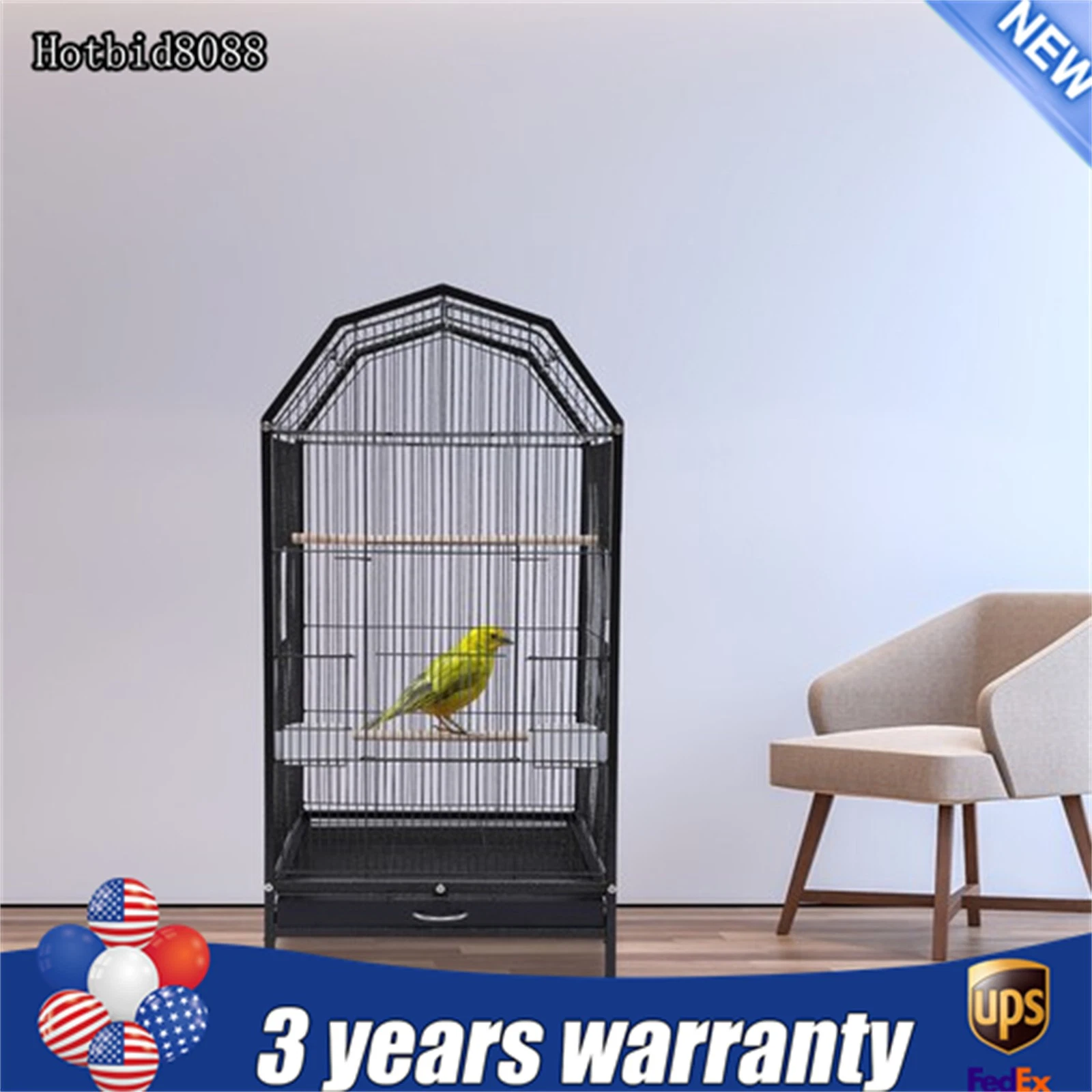 Large Bird Cage w/ Rolling Stand Cockatiel Parakeet Finch Parrot Birdcage Black