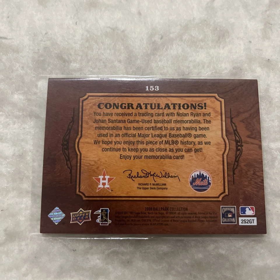 2008 Upper Deck Ballpark Collection - Dual Swatch Nolan Ryan, Johan Santana #153 - Image 2 of 2