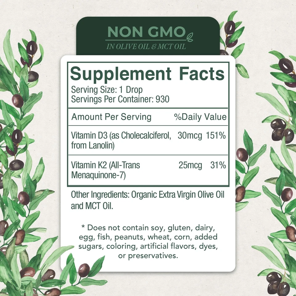 Витамин D3 K2 жидкие капли 1208iu D3 25 мкг K2 натуральная иммунная поддержка 1 жидкая унция - Изображение 4 из 4