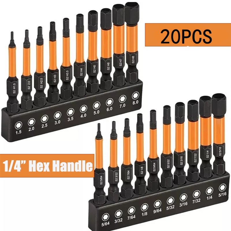 20Pcs Impact Hex Head Allen Wrench Drill Bit Set 50mm Metric SAE Magnetic Tips