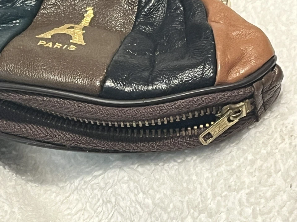 Vtg Pouch Leather Posh Paris Patchwork Coin Purse Double Kisslock Bottom Zipper - Image 4 of 4