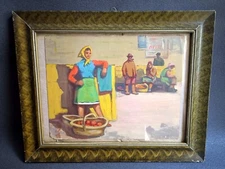 Oil painting Socialist realism of peasants in the market USSR rarity of the 60s