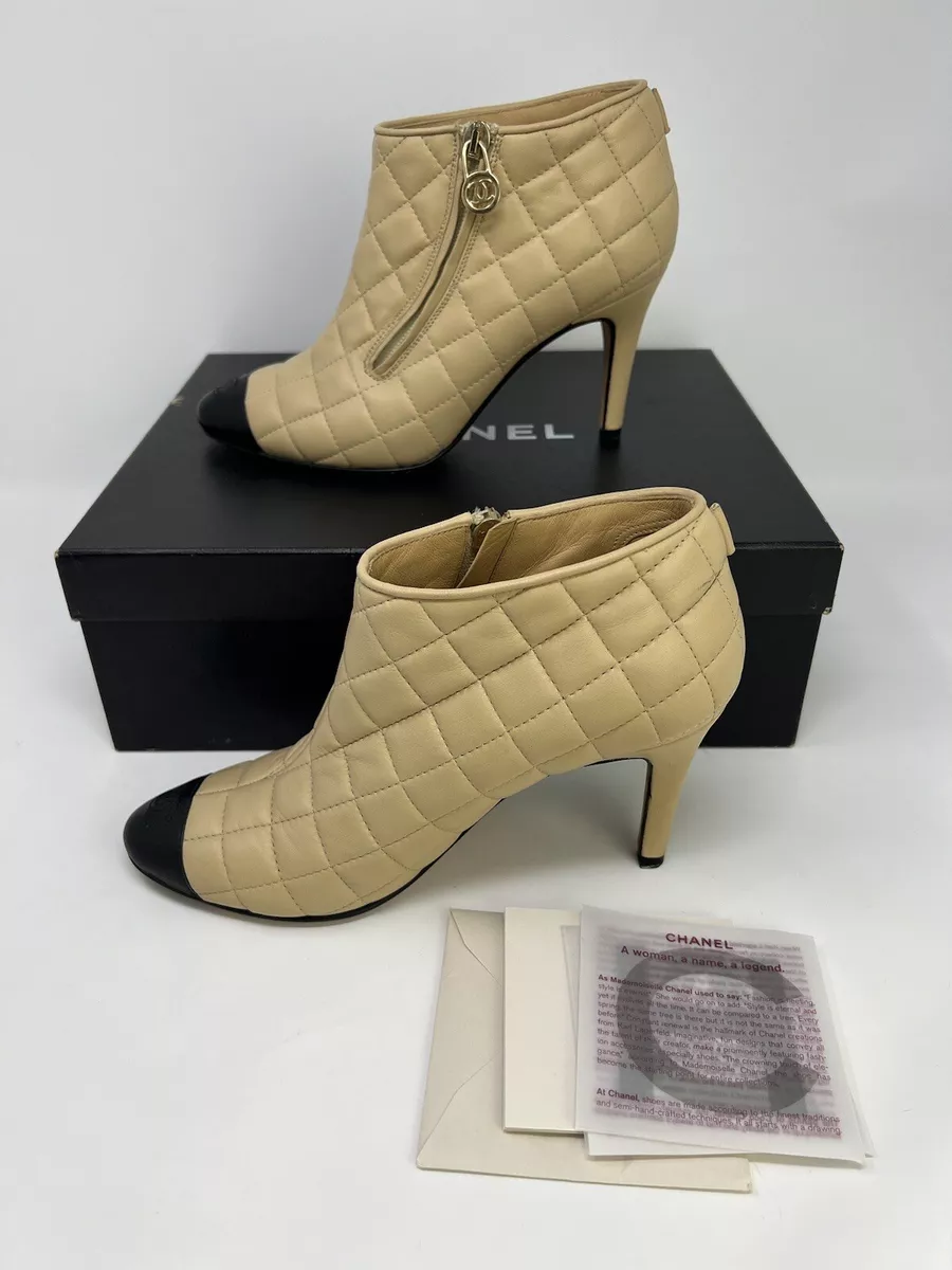 Chanel Beige Quilted Leather w Black Cap Toe Short Boots Heels Size 36, US 6