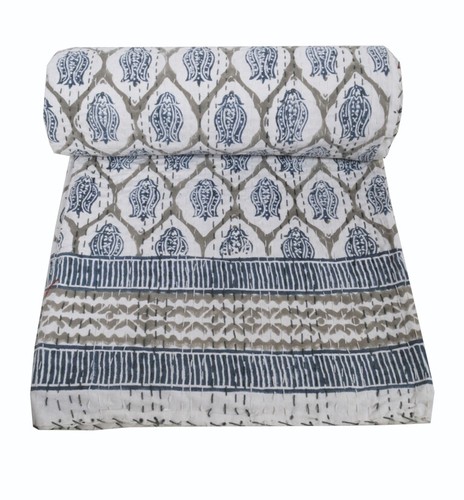 Hand Block Print Kantha Quilt Cotton Blanket Throw Indian Bedspread King Size - Picture 1 of 4