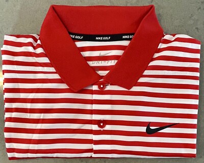 Nike Golf Shirt Mens Red and White Striped Dri Fit Quick Dry Polo Small