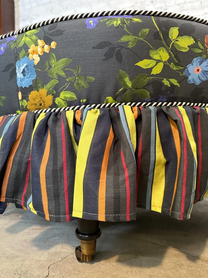 Mackenzie Childs Floral Print 37" Round Ottoman With Striped Skirt and Piping - Image 3 of 4