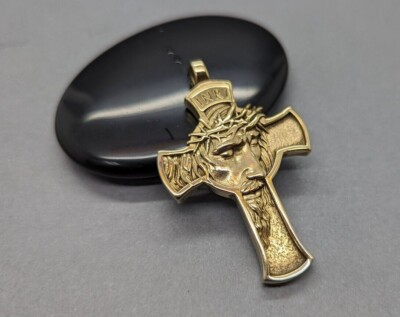 Men's 14K Solid Gold Cross Detailed Jesus Face Design Pendant - Main Image