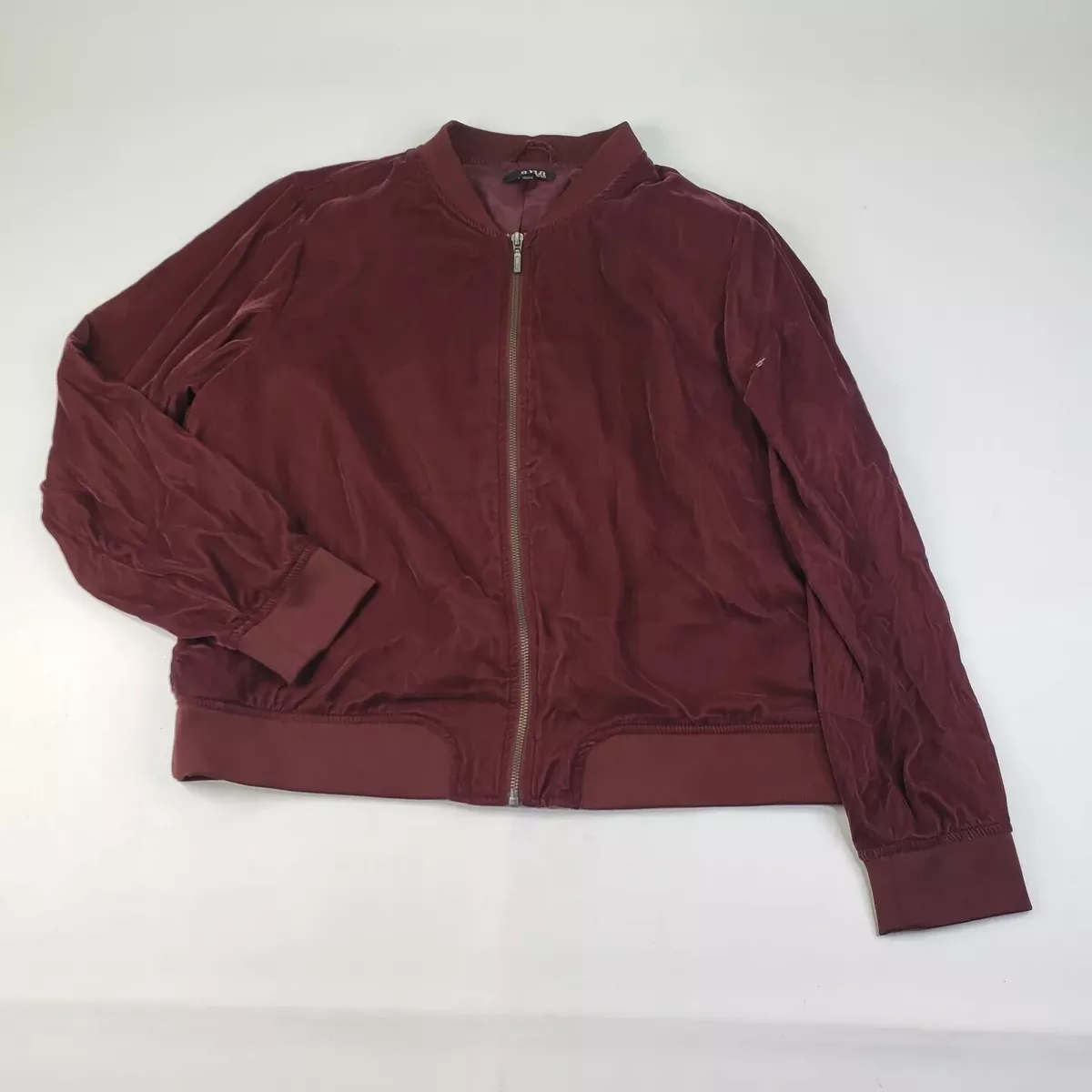 NEW a.n.a Size XXL 2XL Womens Bomber Jacket Velvet Long Sleeve Full Zip Red Wine