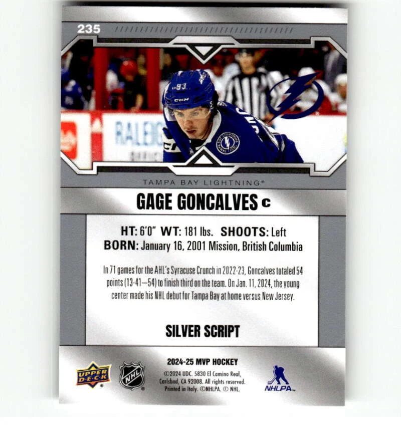 2024-25 Upper Deck MVP Silver Script #235 Gage Goncalves RC Rookie Lightning - Image 2 of 2
