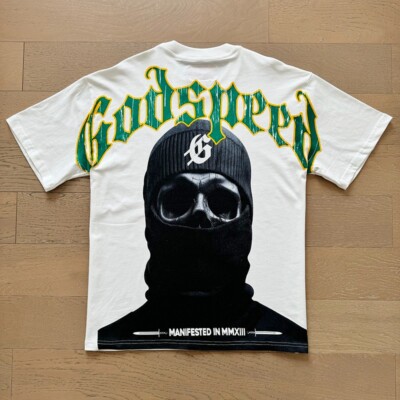NEW Godspeed Masked Skull Print Logo tee men's washed short sleeved T-shirt