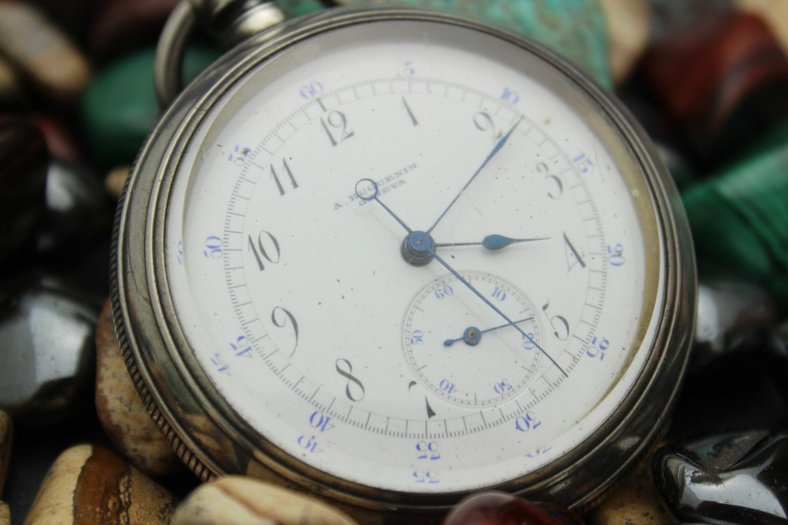 Antique A. HUGUENIN GENEVA 16s Chronograph Pocket Coin Silver Pocket