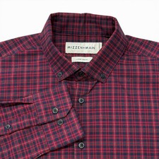 Mizzen Main Mens Large Trim Fit Plaid Performance Dress Shirt Red Blue