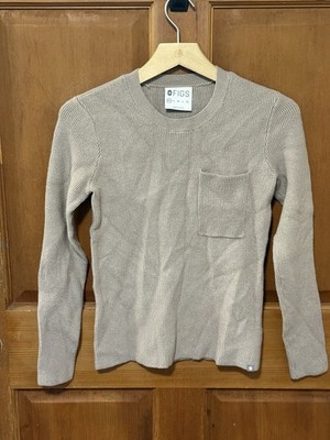 FIGS Off-Shift Ribbed Knit Pocket Sweater Latte Tan XS