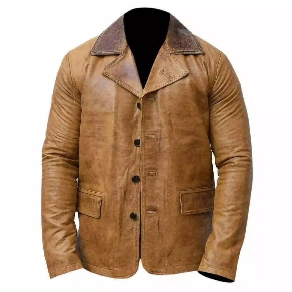 Men's Vintage Western Cowboy Brown Leather Jacket Distressed Biker Style Coat