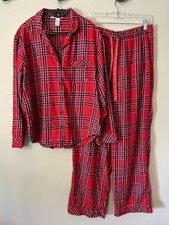Victoria's Secret PJ set Top  Bottoms Red Plaid Flannel Size Medium Long Sleeve
