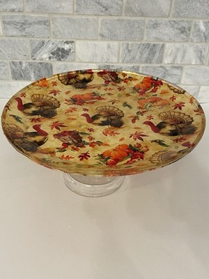 One of a Kind Handmade Pedestal Cake Stand - Turkeys, autumn leaves & Pumpkins
