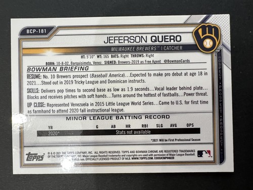 Jeferson Quero 2021 Bowman Chrome #BCP-181 Prospects Mojo Refractor Rookie - Picture 2 of 2