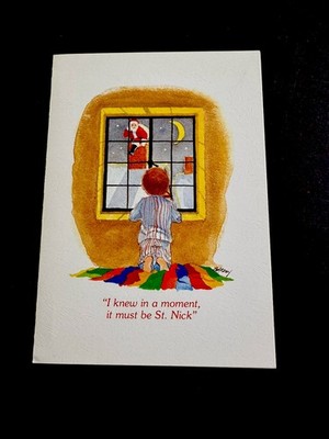 1 VTG Xmas Greeting Card Excited Boy Watches Santa Dropping Down the Chimney