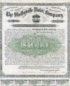 1895 Shelbyville Water Co Bond Certificate