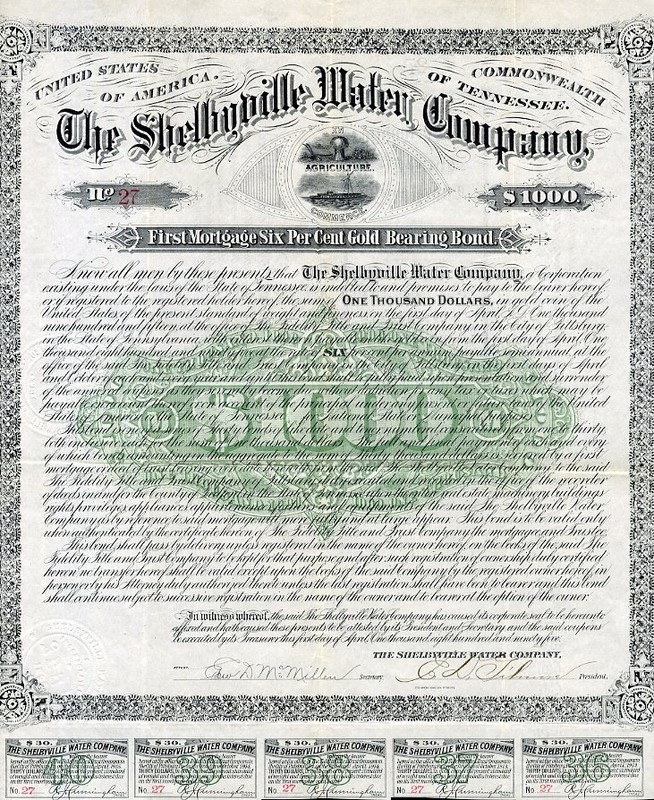1895 Shelbyville Water Co Bond Certificate