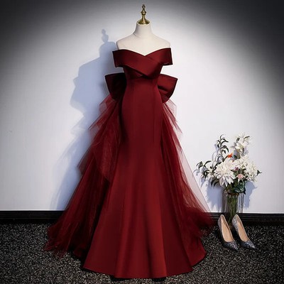 Elegant Burgundy Satin Trailing Mermaid Maxi Dress Luxury Evening Cocktail Party