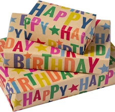 Kraft Birthday Wrapping Paper Sheet - 6 Sheets Colorful Happy Birthday Wrapping